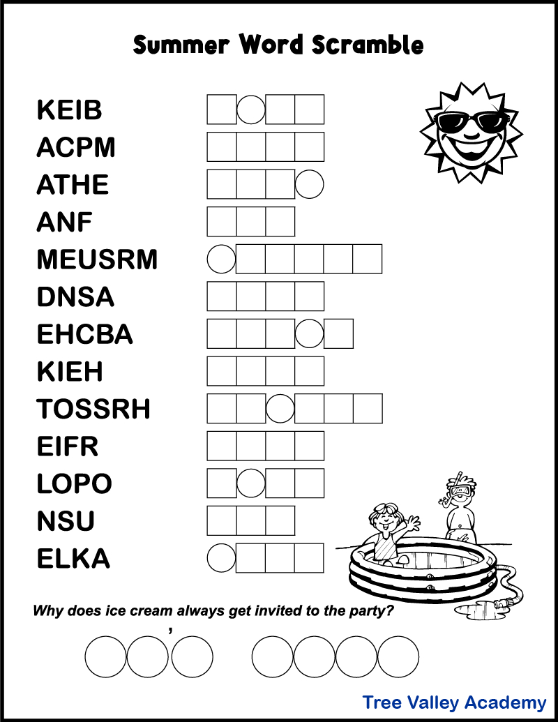 Printable Summer Word Scrambles For Kids - Tree Valley Academy regarding Unscramble Word Games Printable Free