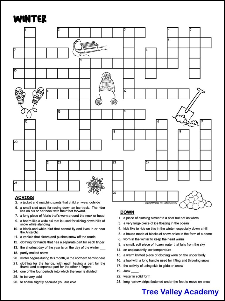 Printable Winter Crossword Puzzles For Kids - Tree Valley Academy intended for Free Printable Crossword Puzzle Maker With Answer Key