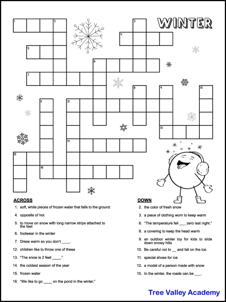 Printable Winter Crossword Puzzles For Kids - Tree Valley Academy intended for Free Printable Themed Crossword Puzzles