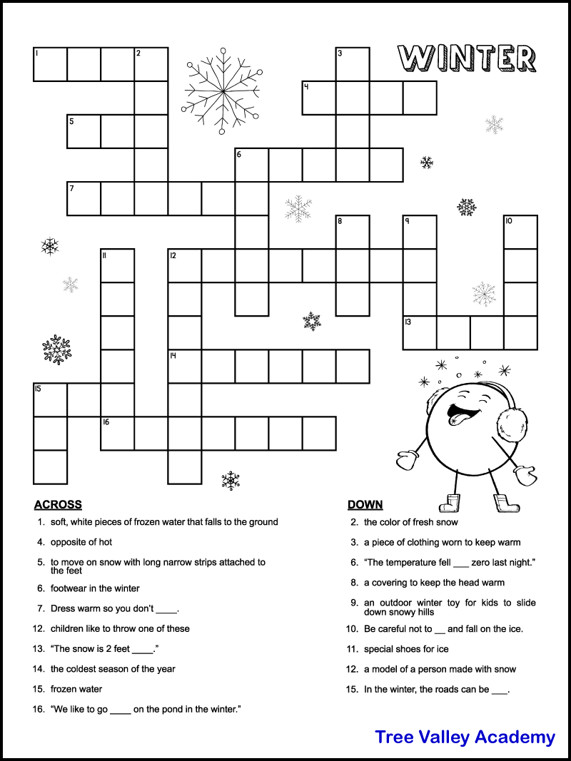 Printable Winter Crossword Puzzles For Kids - Tree Valley Academy regarding Free Printable Crossword Puzzles for Kids