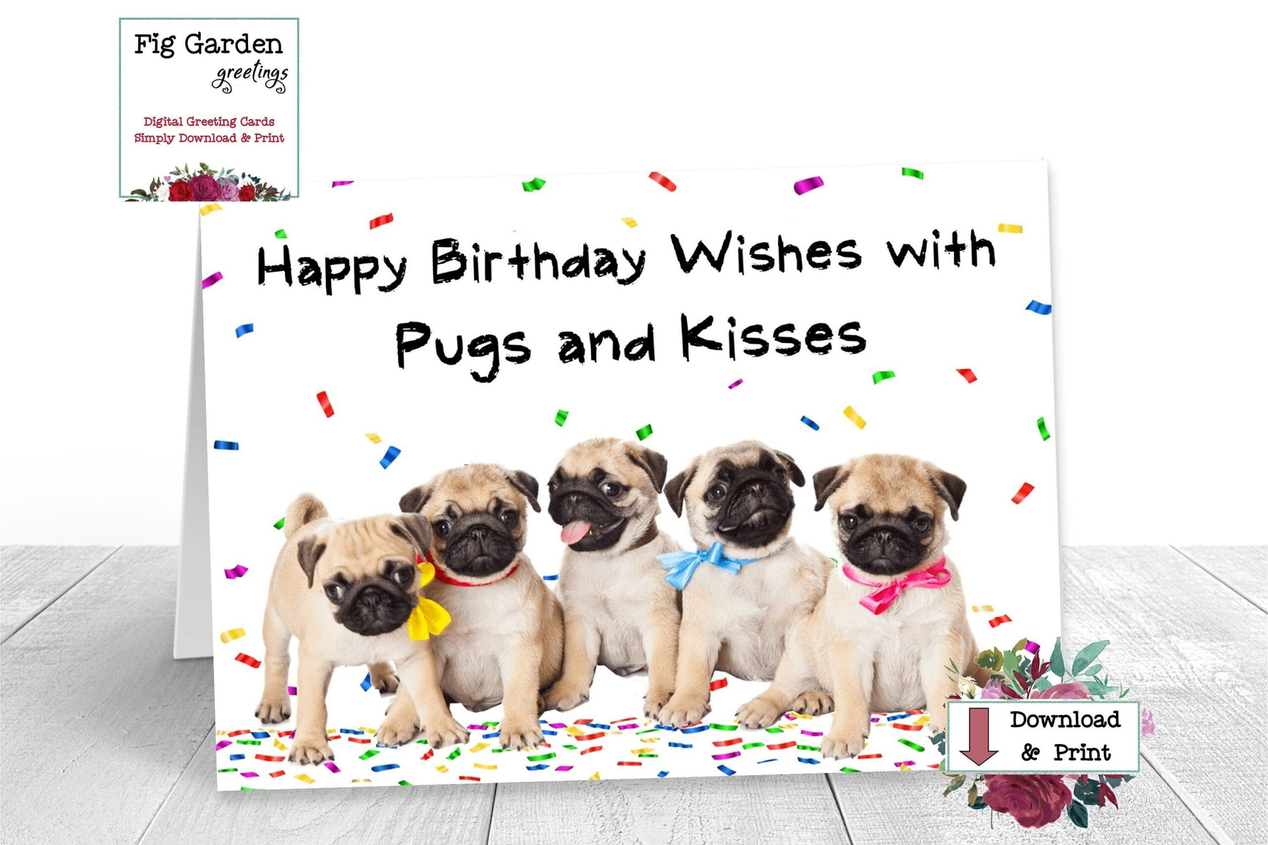 Pug Birthday Card With Pugs And Kisses, Printable Birthday Card for Free Printable Pug Birthday Cards