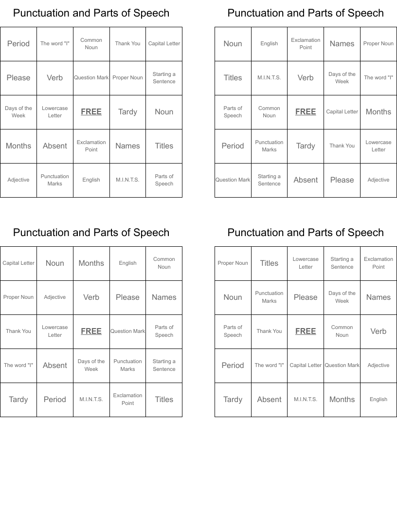 Punctuation And Parts Of Speech Bingo Cards - Wordmint in Free Printable Parts Of Speech Bingo