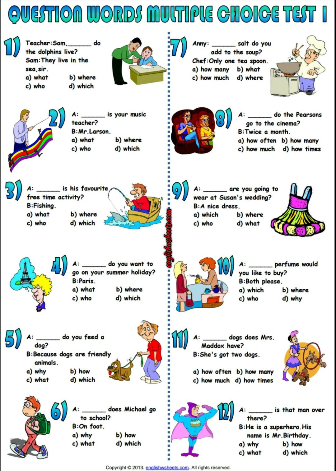 Question Words Multiple Choice Test Esl Worksheet | Prepositions intended for Free Printable Multiple Choice Worksheets