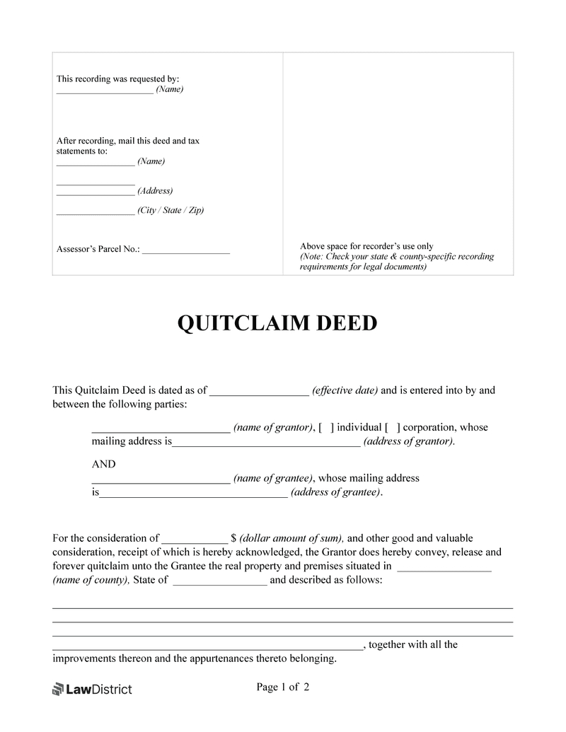 Quitclaim Deed Form | Free Document | Lawdistrict inside Free Printable Quit Claim Deed Form