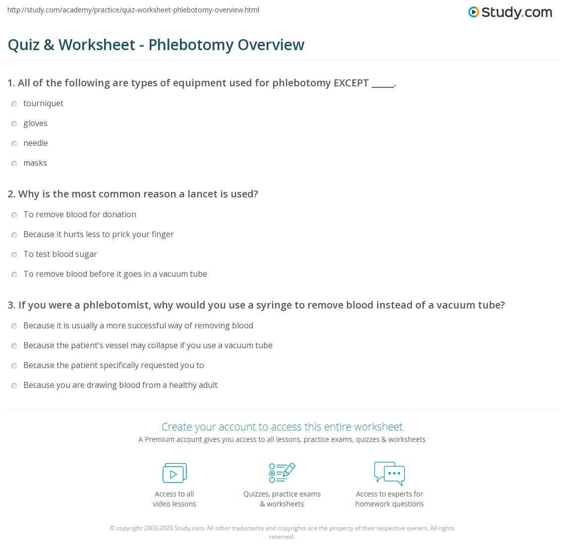 Quiz &amp;amp; Worksheet - Phlebotomy Overview | Study intended for Free Printable Phlebotomy Practice Test