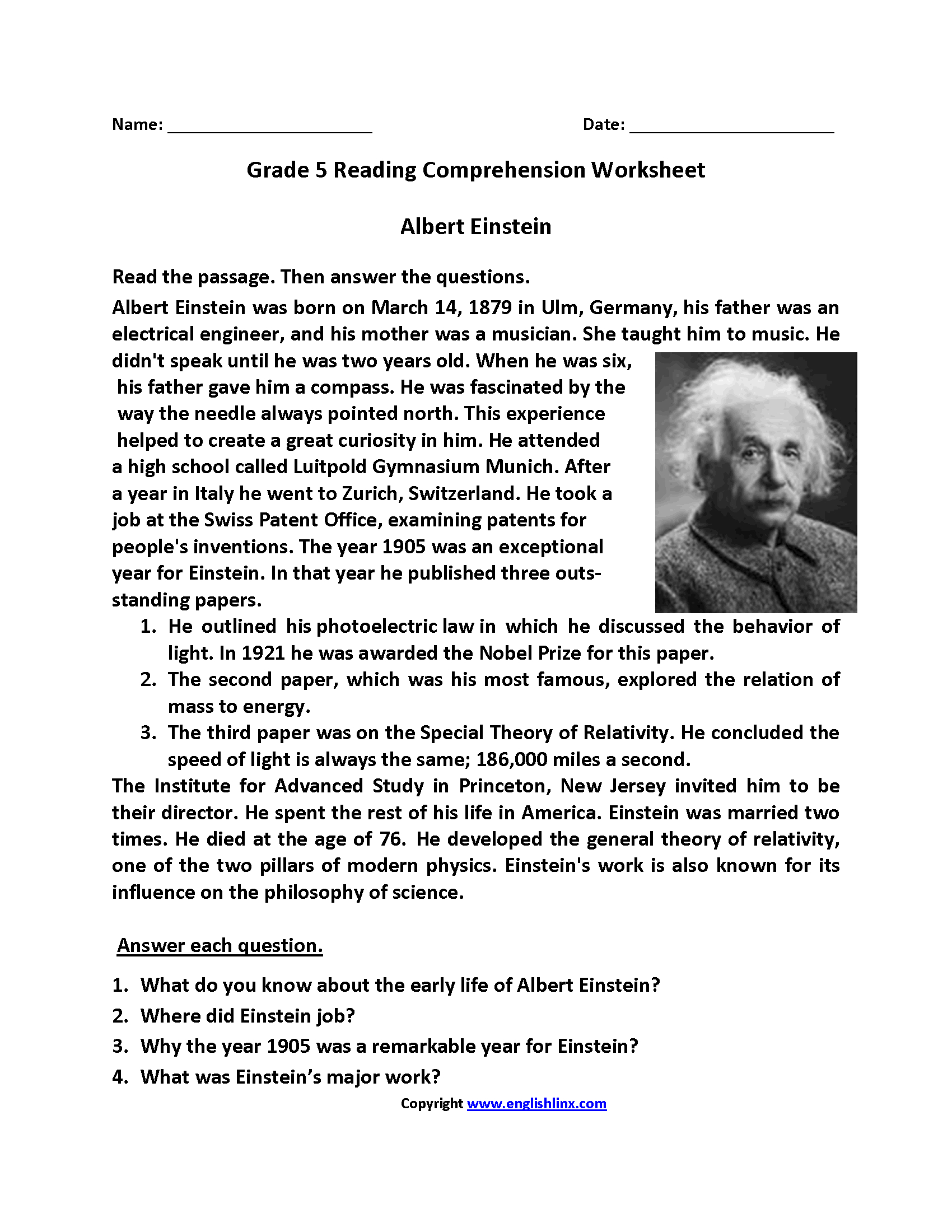 Reading Worksheets | Fifth Grade Reading Worksheets with Free Printable Reading Worksheets for 5th Grade