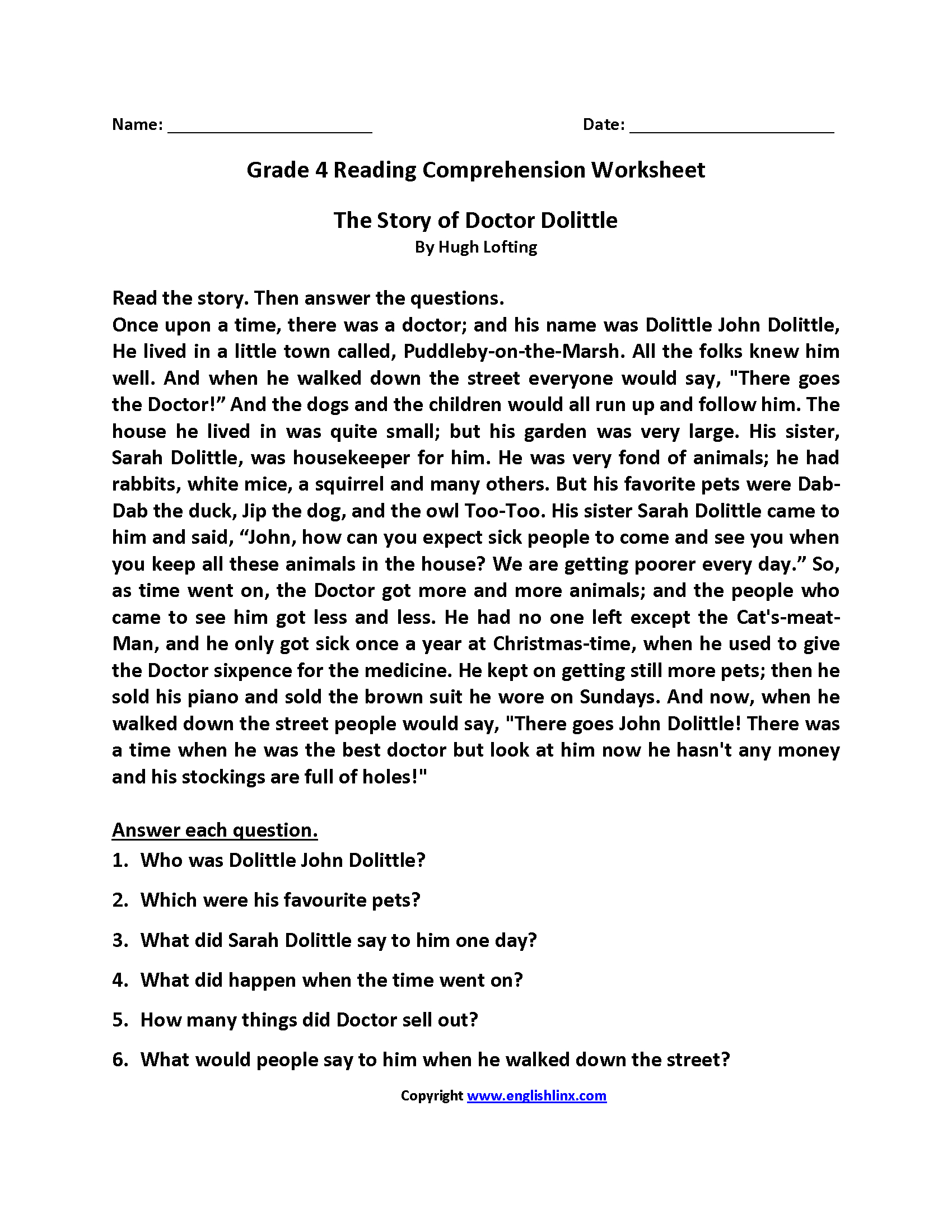 Reading Worksheets | Fourth Grade Reading Worksheets for Free Printable Short Stories For 4Th Graders
