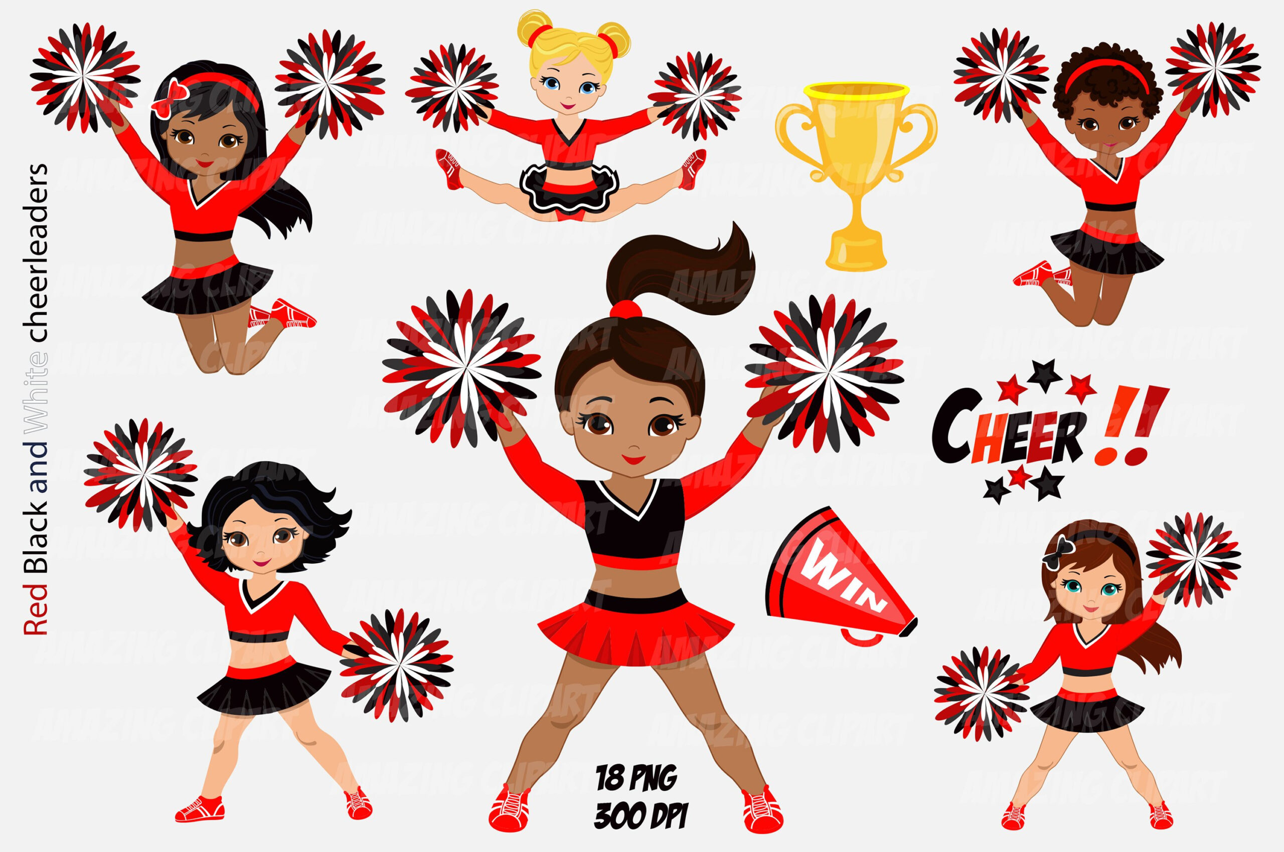 Red Black And White Multicultural Cheerleader Clipart inside Free Printable Cheerleading Clipart