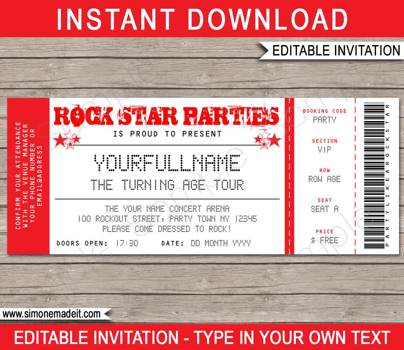 Rock Star Party Ticket Invitation | Concert Ticket | Printable intended for Free Printable Rockstar Birthday Invitations