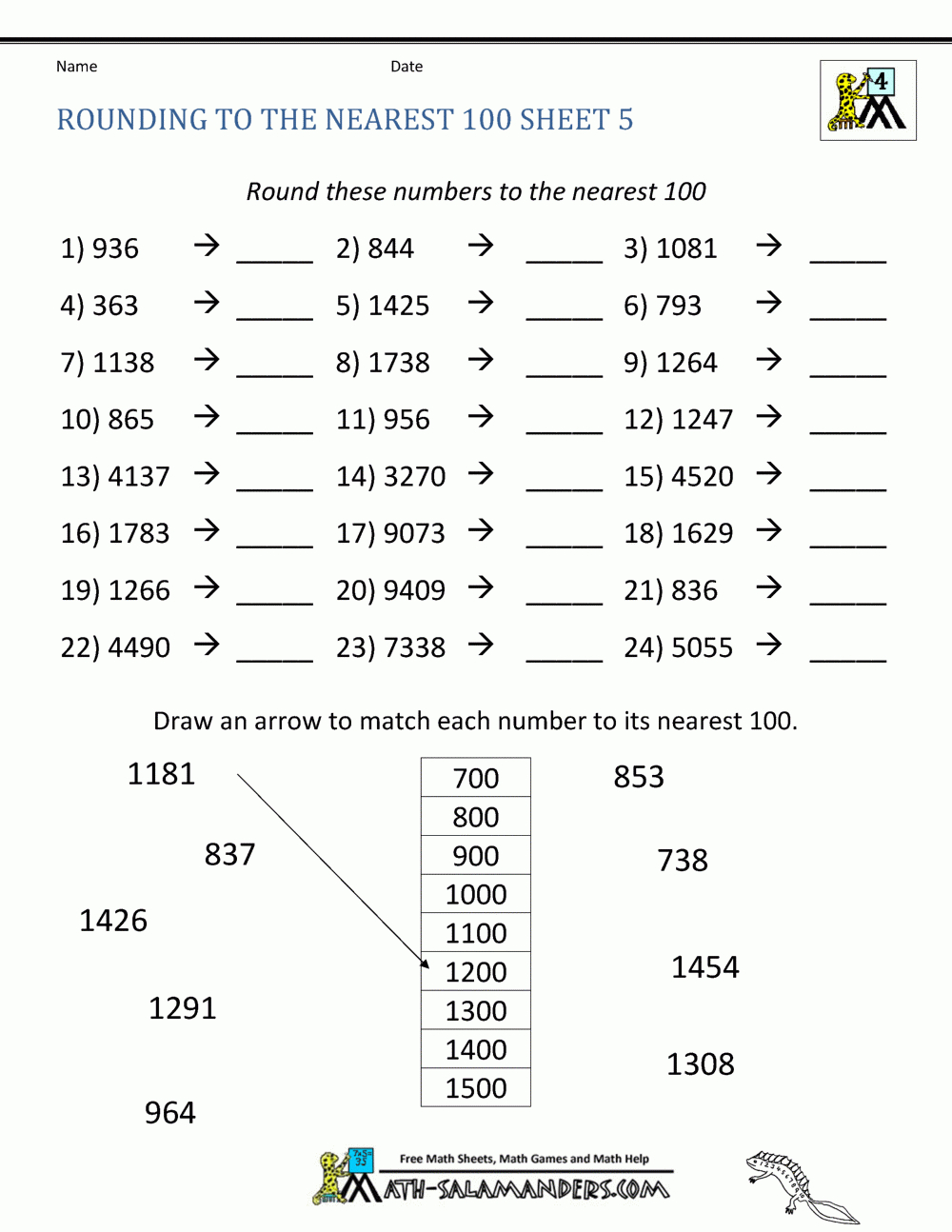 Rounding To The Nearest 100 Worksheets intended for Free Printable 4Th Grade Rounding Worksheets