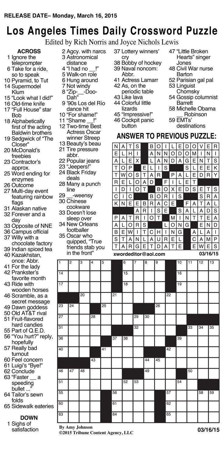 Sample Of Los Angeles Times Daily Crossword Puzzle | Tribune regarding La Times Free Printable Crosswords