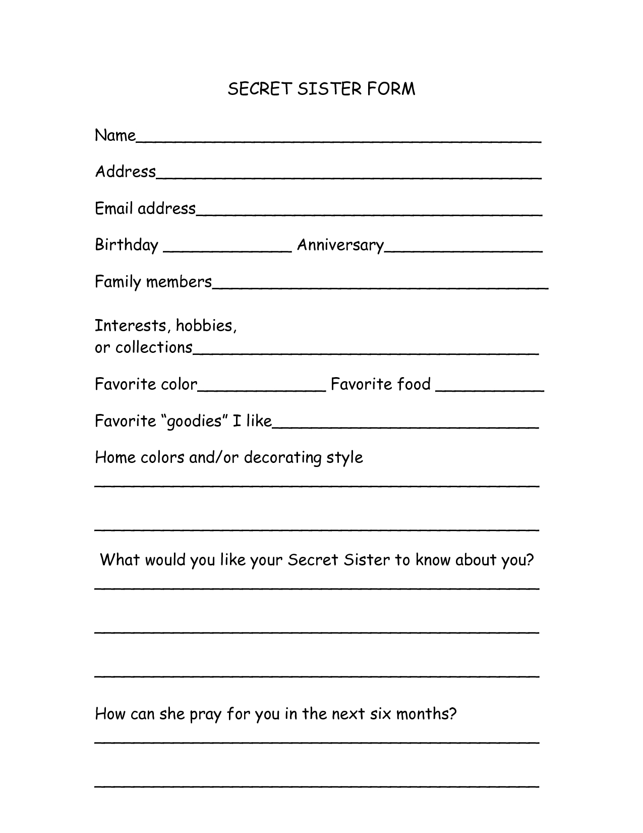 Secret Sister Form Doc | Secret Sisters, Secret Pal, Sisters in Free Printable Secret Pal Forms