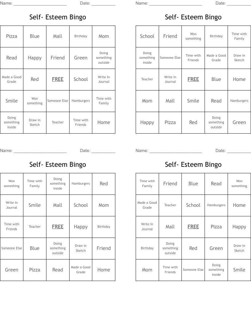 Self- Esteem Bingo - Wordmint pertaining to Free Printable Self Esteem Bingo