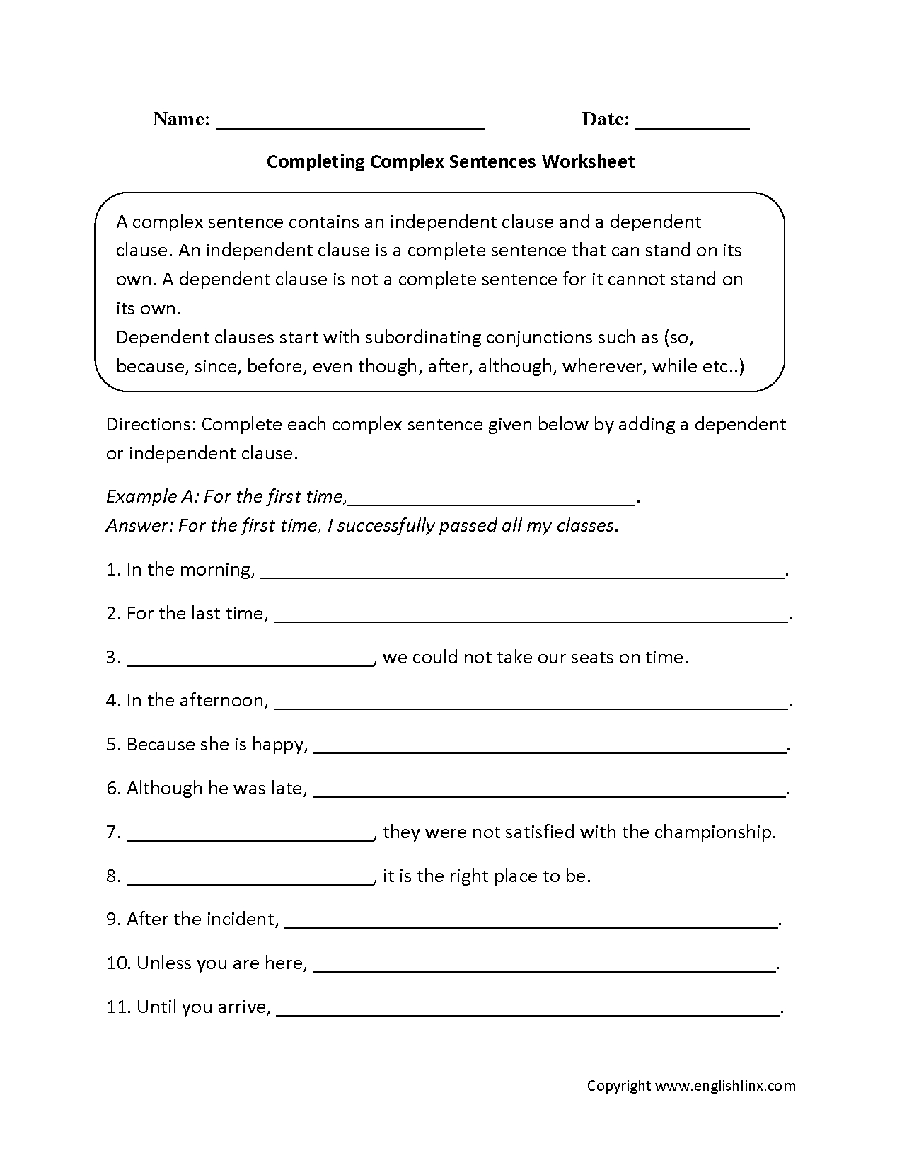 Sentences Worksheets | Complex Sentences Worksheets pertaining to Free Printable Worksheets On Simple Compound And Complex Sentences