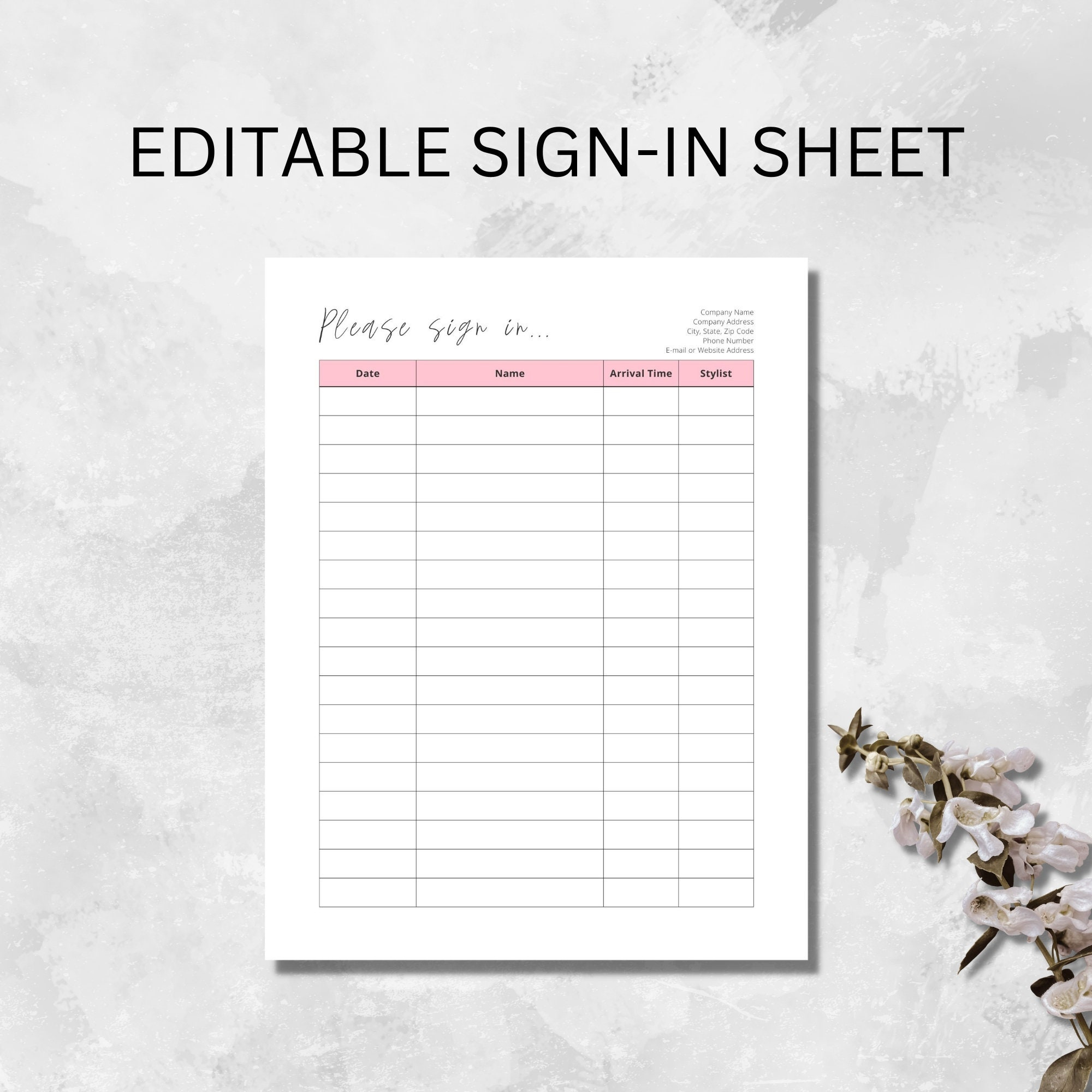 Sign-In Sheet Template, Salon Sign-In Sheet, Printable, Editable for Free Printable Salon Sign In Sheets