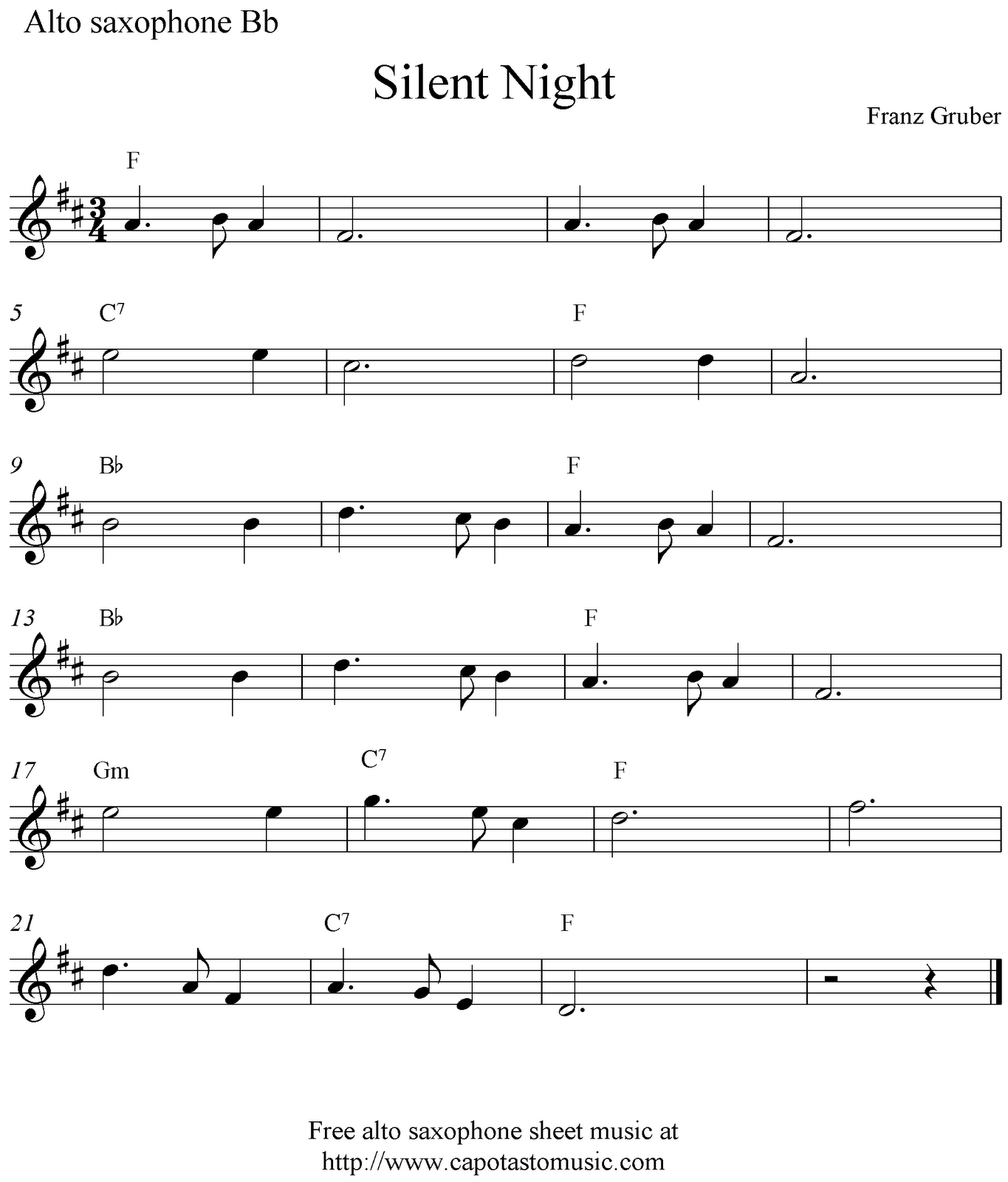 Silent Night - Free Christmas Alto Saxophone Sheet Music throughout Free Printable Christmas Sheet Music For Alto Saxophone