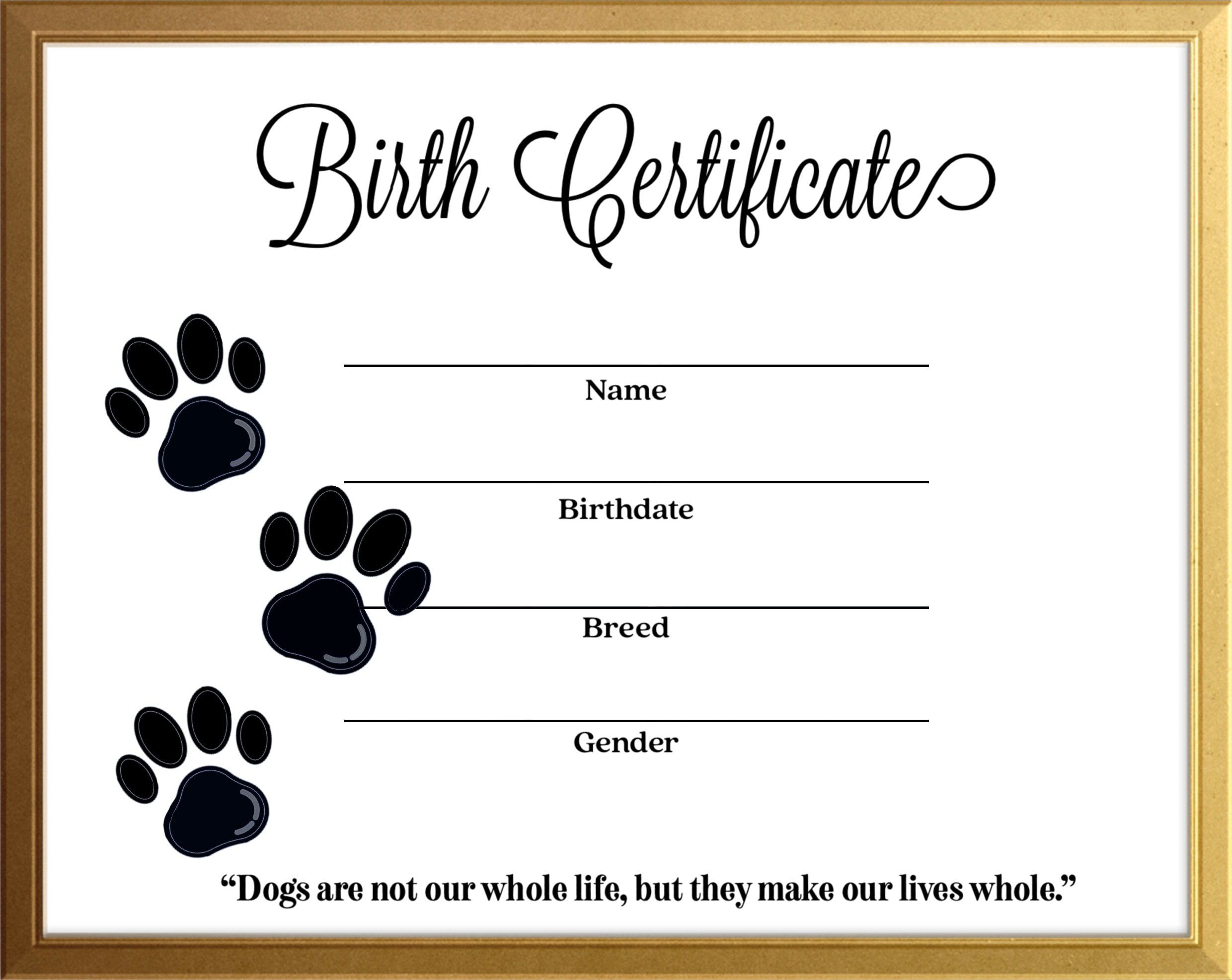 Simple Dog Canine Birth Certificate Instant Download Printable throughout Free Printable Birth Certificates For Puppies