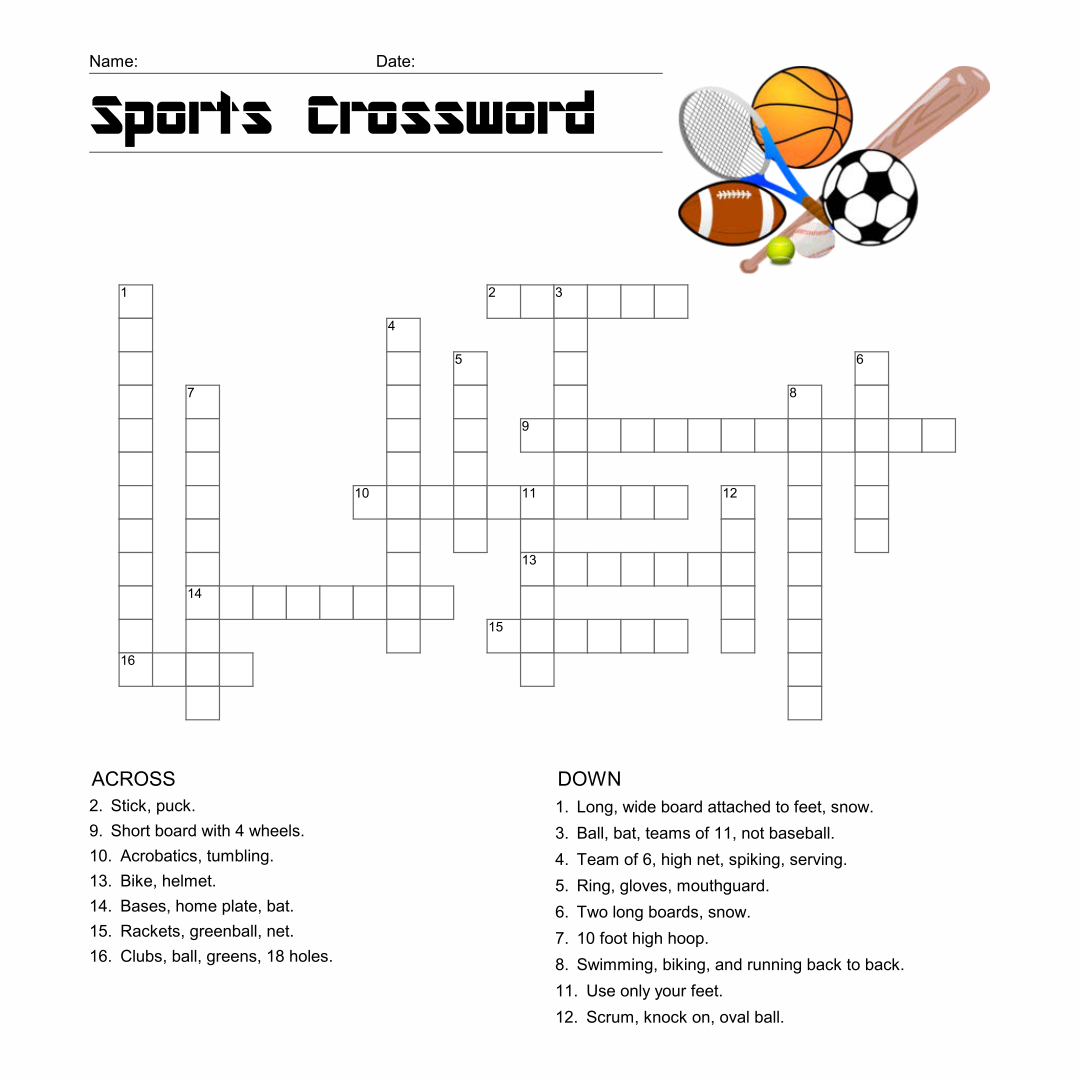 Sports Crossword Worksheets for Free Printable Sports Crossword Puzzles