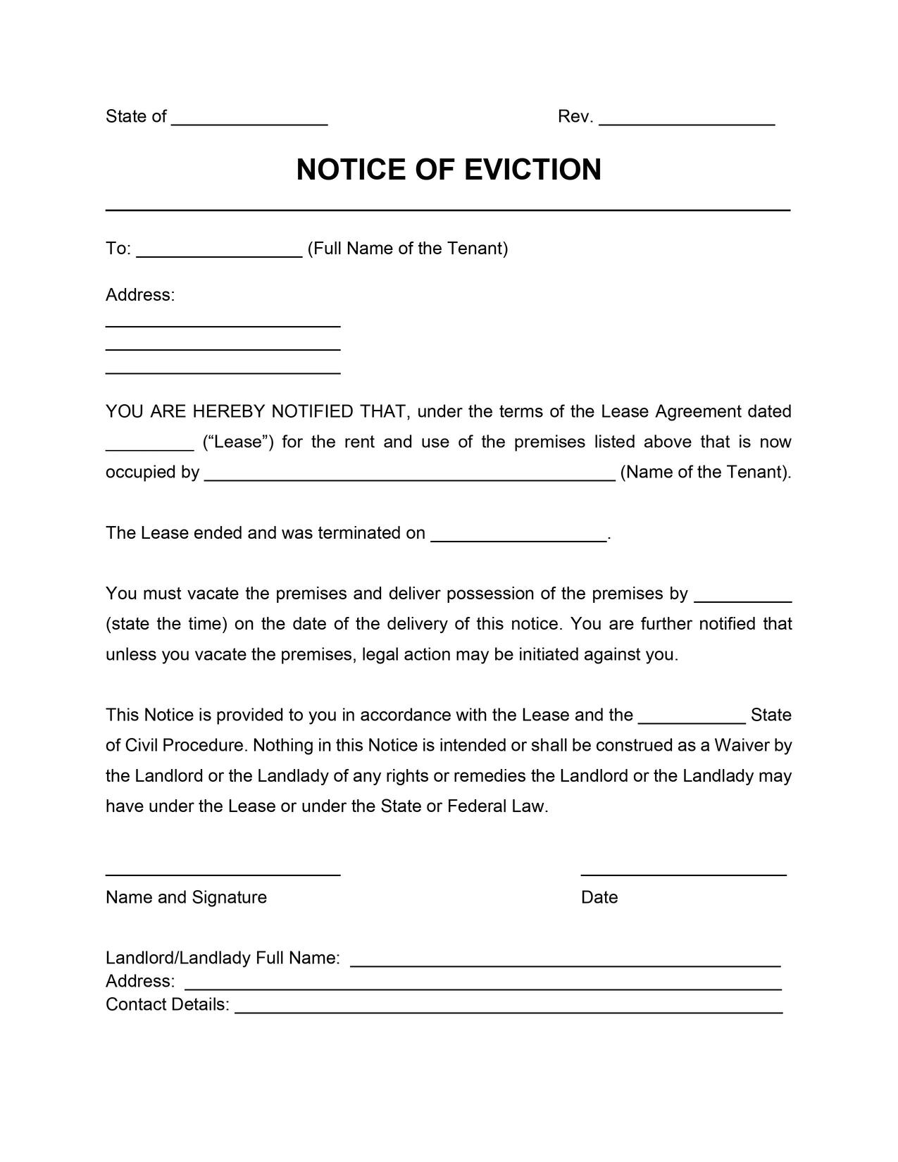 Standard Eviction Notice Template intended for Free Printable Blank Eviction Notice