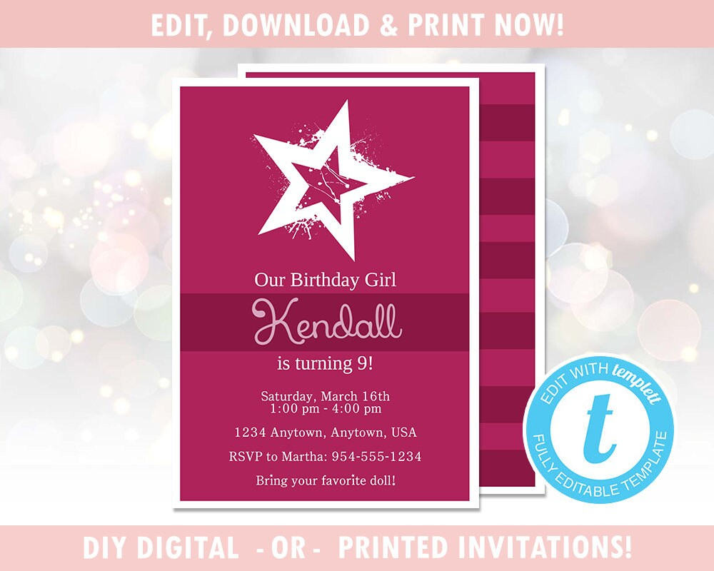 Star Birthday Girl Birthday Party Invitation Digital Diy Instant intended for American Girl Party Invitations Free Printable