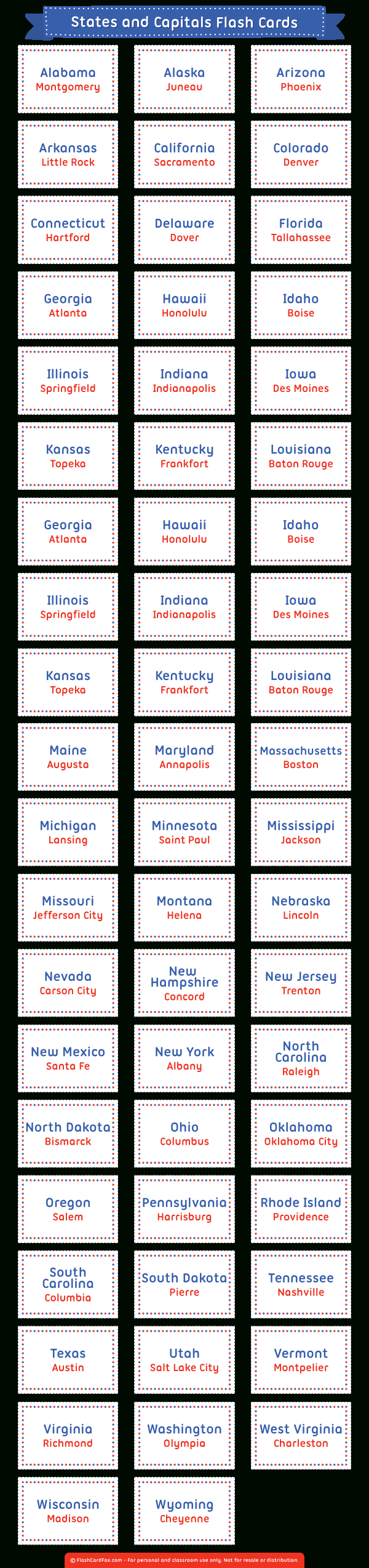 States And Capitals Flash Cards for State Capital Flashcards Printable Free