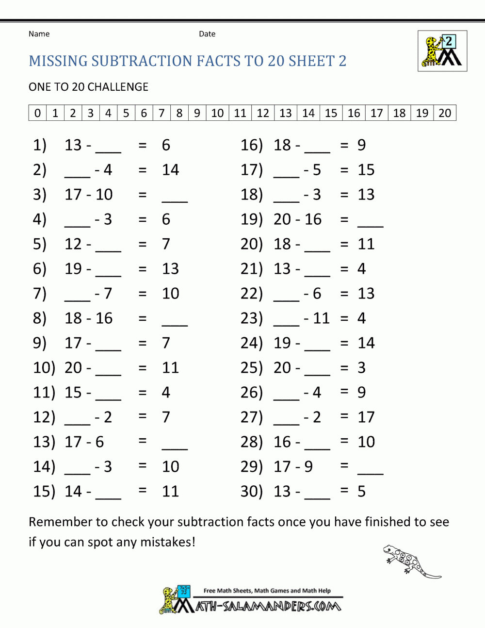 Subtraction Facts To 20 throughout Free Printable Subtraction Worksheets for 2nd Grade