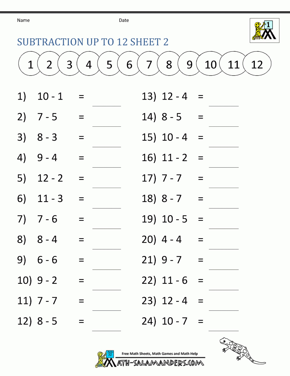 Subtraction Facts Worksheets 1St Grade inside Free Printable Math Sheets