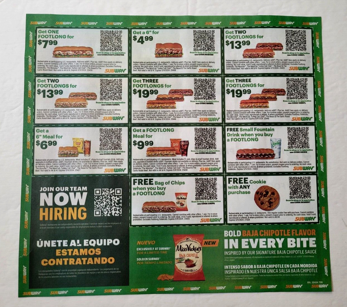 Subway Savings 8 Sheets 112 Total Coupons Expires May 9, 2024 | Ebay intended for Free Printable Pringles Coupons