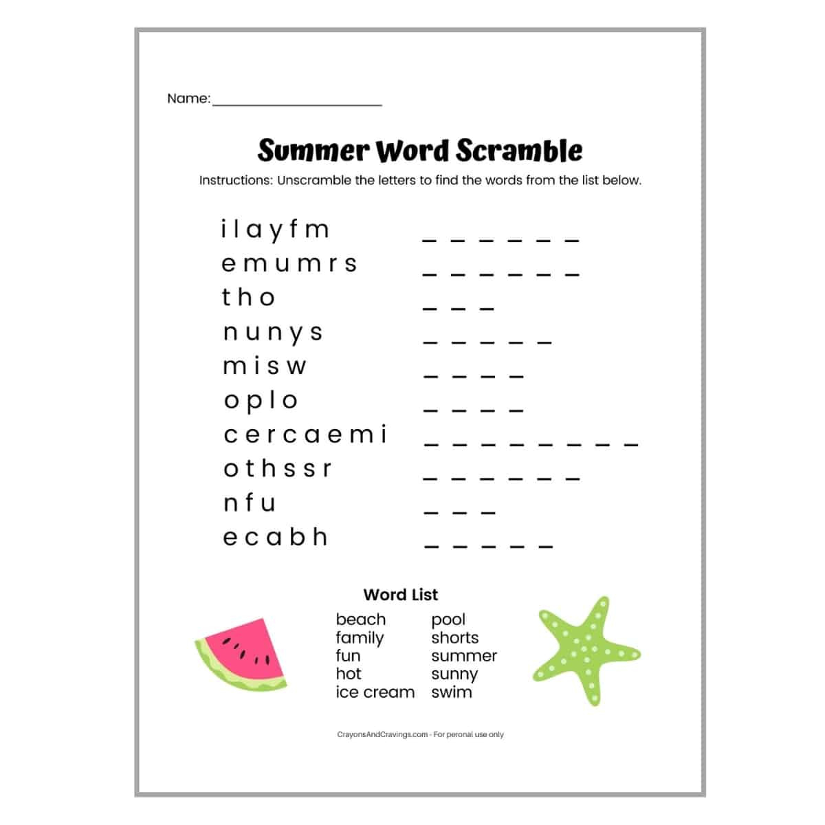 Summer Word Scramble Free Printable With Answer Key pertaining to Free Word Scramble Maker Printable