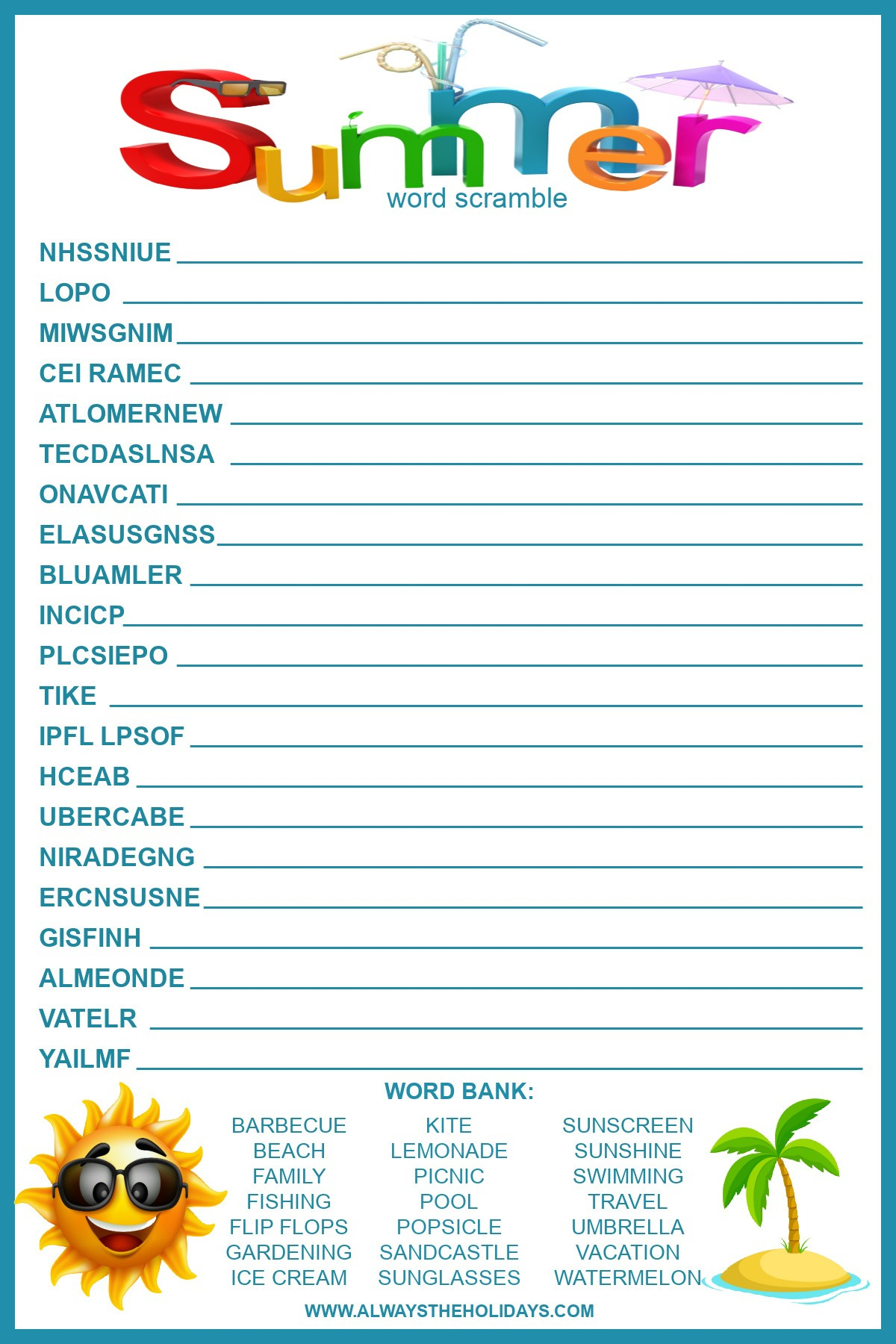 Summer Word Scramble With Answers - Free Summer Printable For Kids in Free Printable Word Jumble Puzzles for Adults