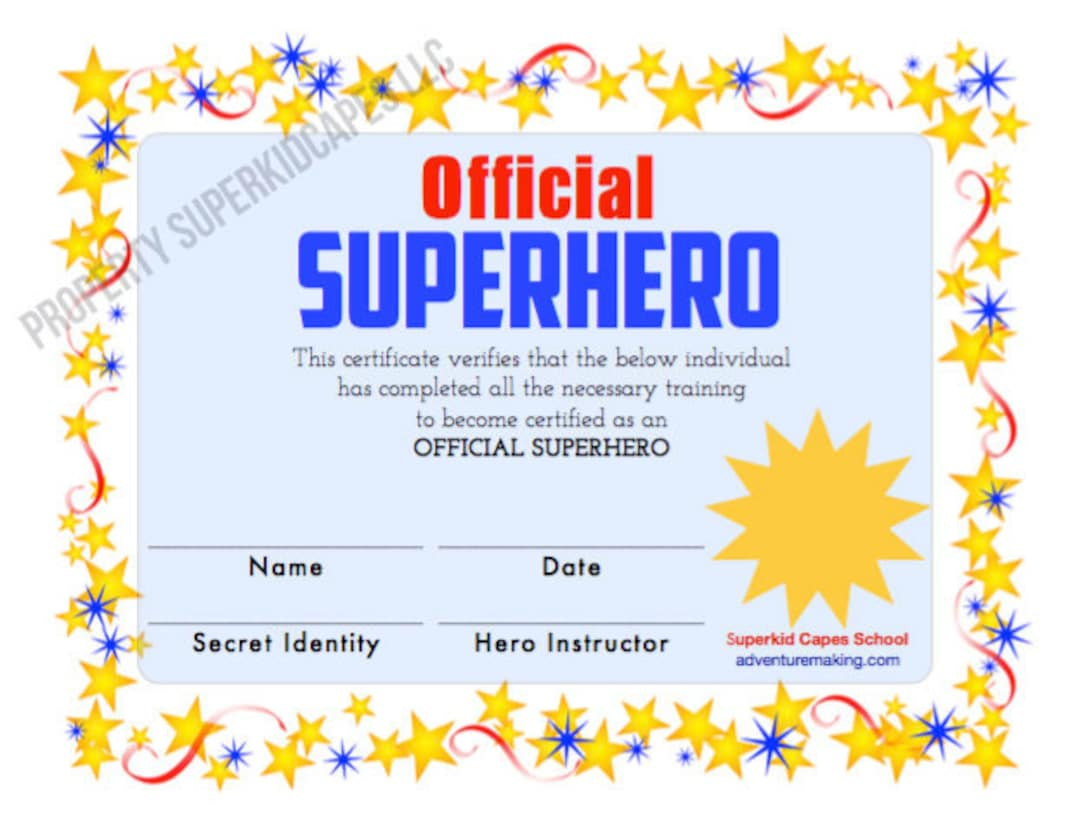 Superhero Certificate Instant Printable Download And Print This Certificate After Purchase Superhero Party Printable Party Favor - Etsy in Free Printable Superhero Certificates