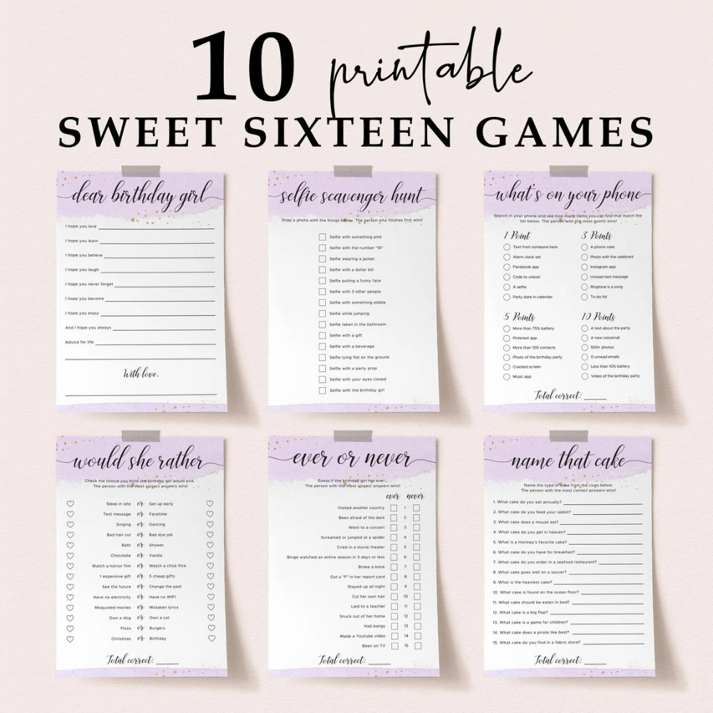 Sweet 16 Party Games Pack Printable Sixteenth Birthday Games Pack within Free Sweet 16 Printables