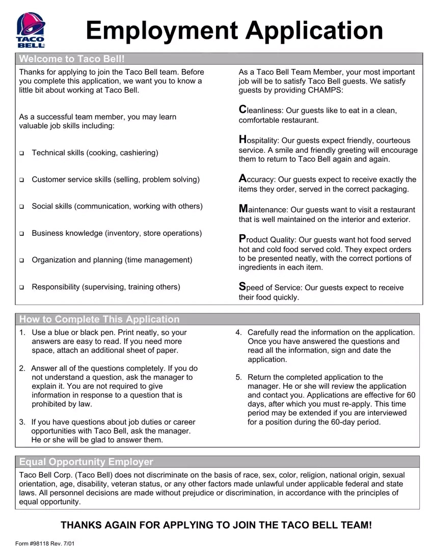 Taco Bell Job Application ≡ Fill Out Printable Pdf Forms Online with regard to Free Printable Taco Bell Application