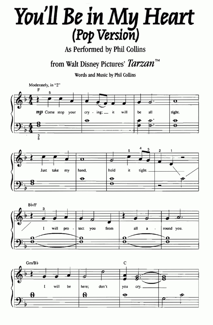 Tarzan You'Ll Be In My Heart Easy Piano Sheet Music | Easy Sheet Music throughout Free Printable Sheet Music for Piano Beginners Popular Songs