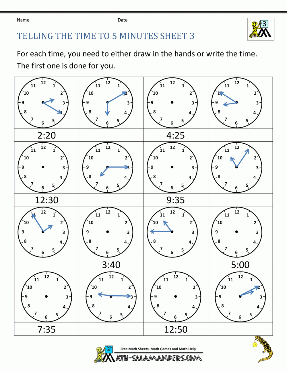 Telling Time To 5 Minutes Worksheets throughout Free Printable Telling Time Worksheets