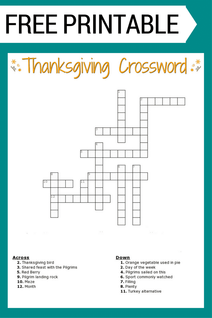 Thanksgiving Crossword Puzzle Free Printable For Kids Or Adults in Thanksgiving Crossword Puzzles Printable Free