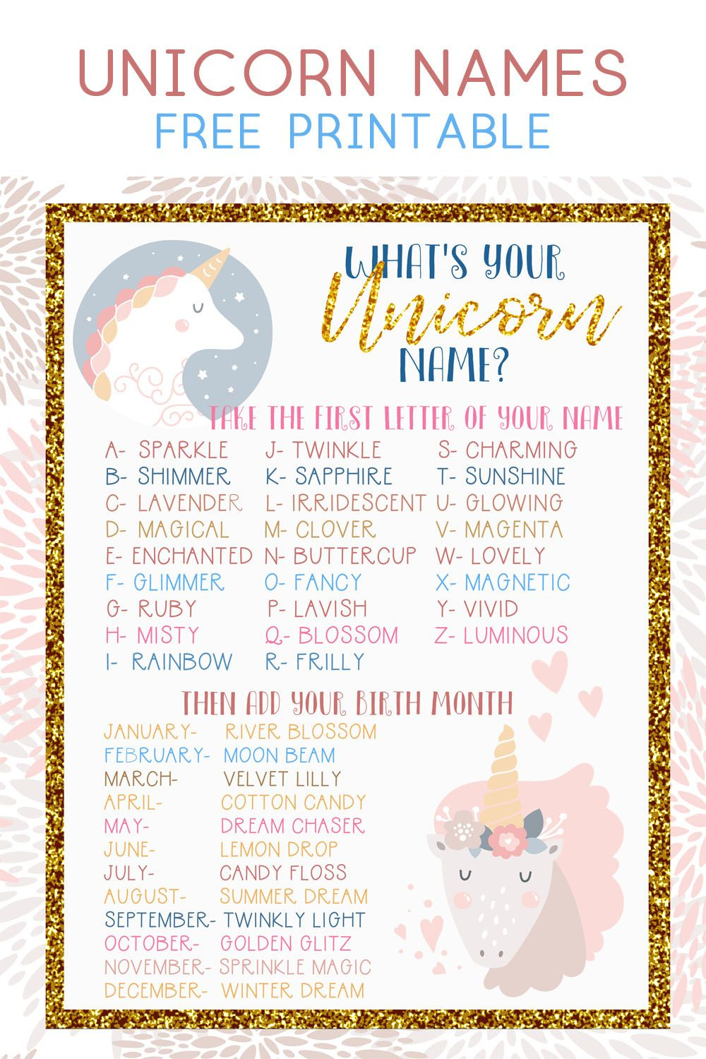 Unicorn Names {Free Unicorn Names For Your Unicorn Party with regard to Unicorn Name Free Printable