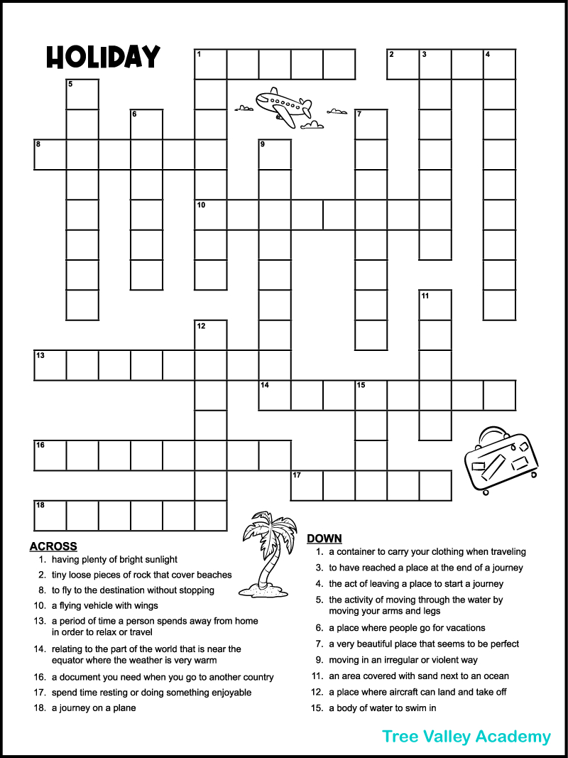 Vacation Crossword Puzzles - Tree Valley Academy pertaining to Free Online Printable Easy Crossword Puzzles
