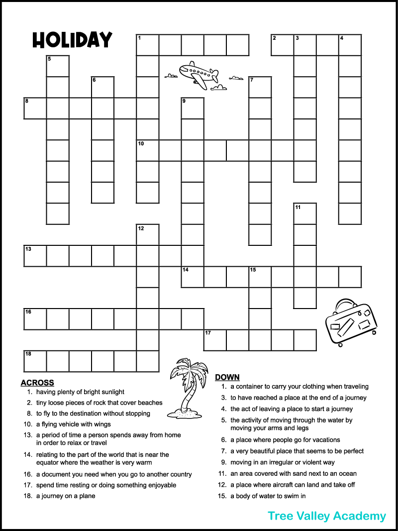 Vacation Crossword Puzzles - Tree Valley Academy throughout Free Printable Crosswords