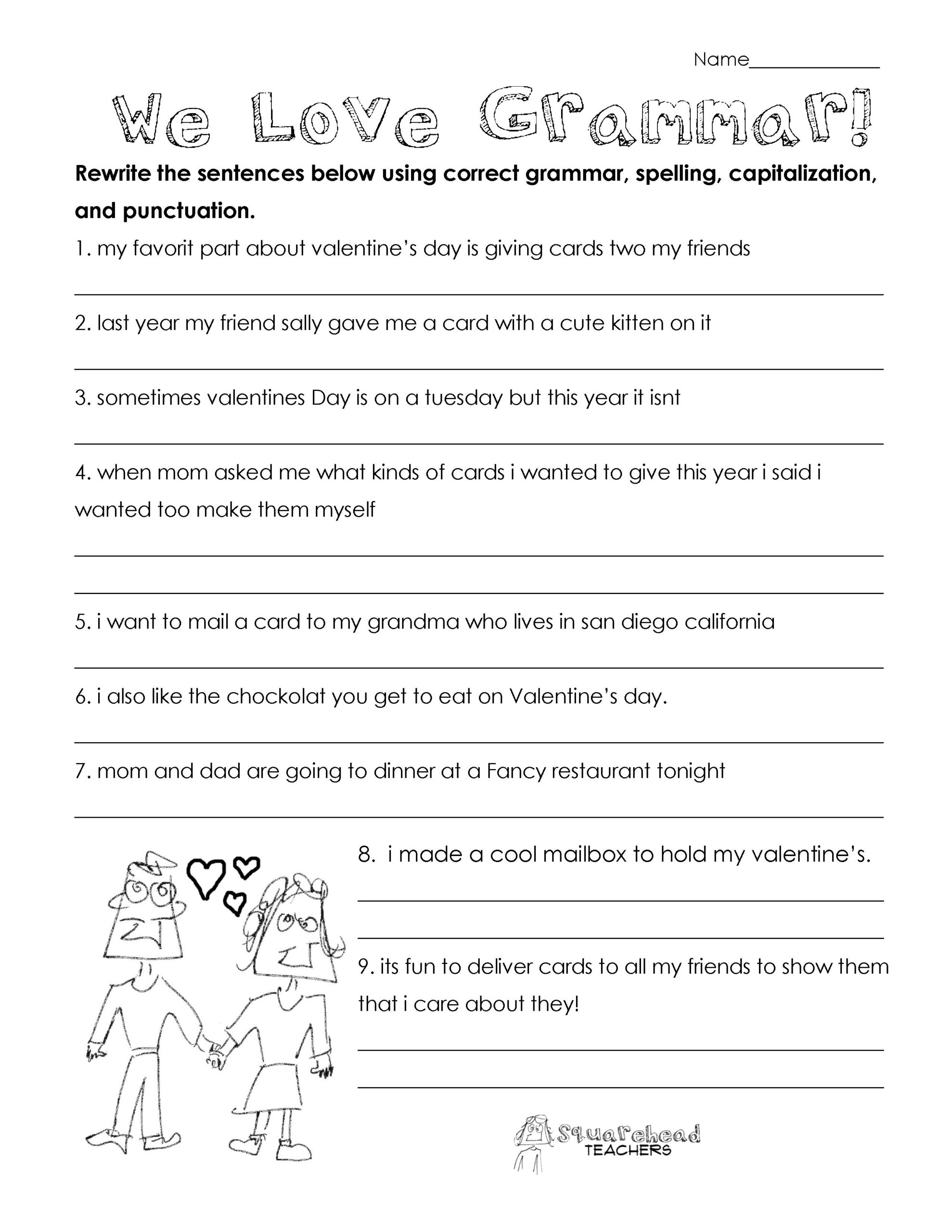 Valentine&amp;#039;S Day Grammar (Free Worksheet For 3Rd Grade And Up pertaining to Free Printable Grammar Worksheets