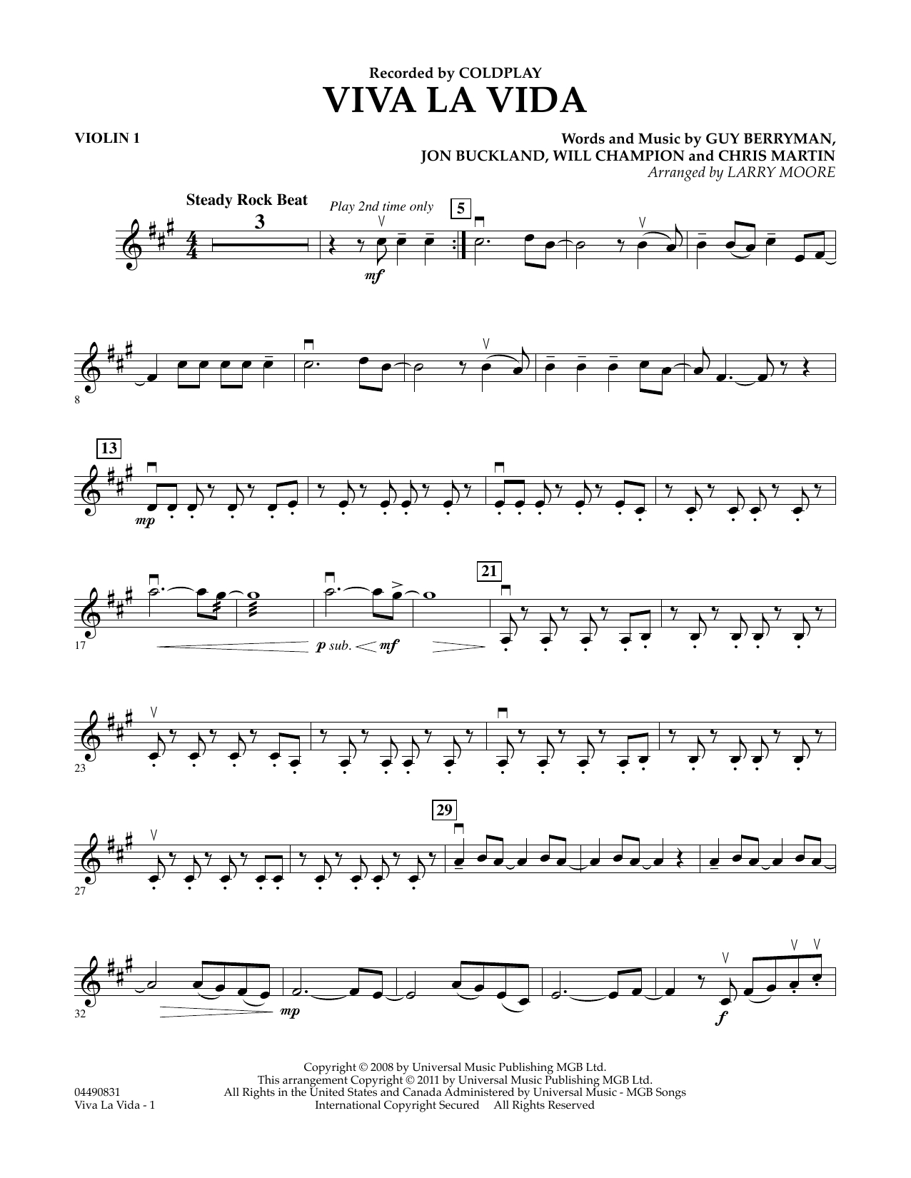 Viva La Vida - Violin 1 Sheet Music | Larry Moore | String Quartet pertaining to Free Printable Violin Sheet Music For Viva La Vida