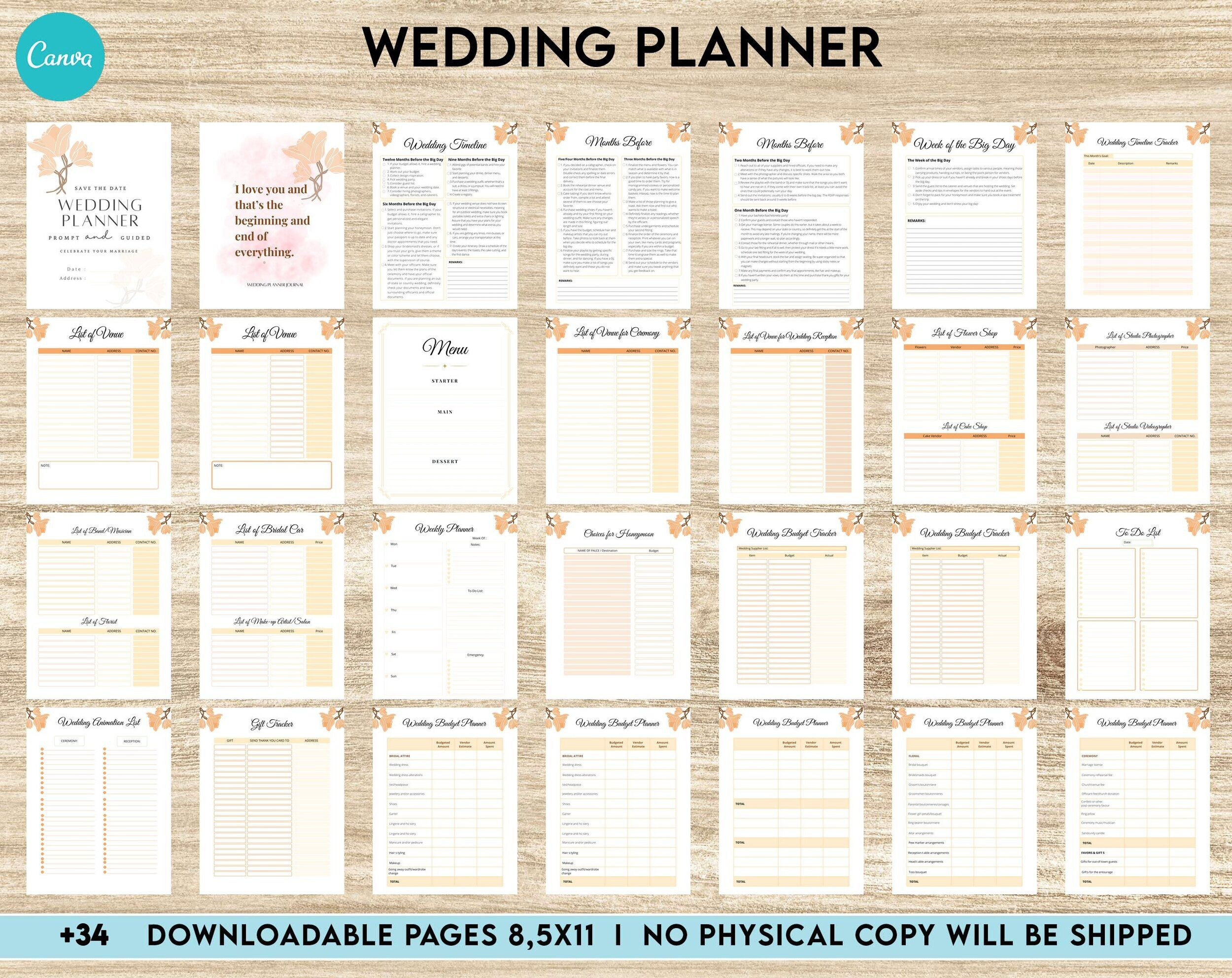 Wedding Planner Printable, Wedding Pages, Wedding Plan Bundle, Wedding Planning Book, Canva Editable Templates Interior for Free Printable Wedding Planner Workbook