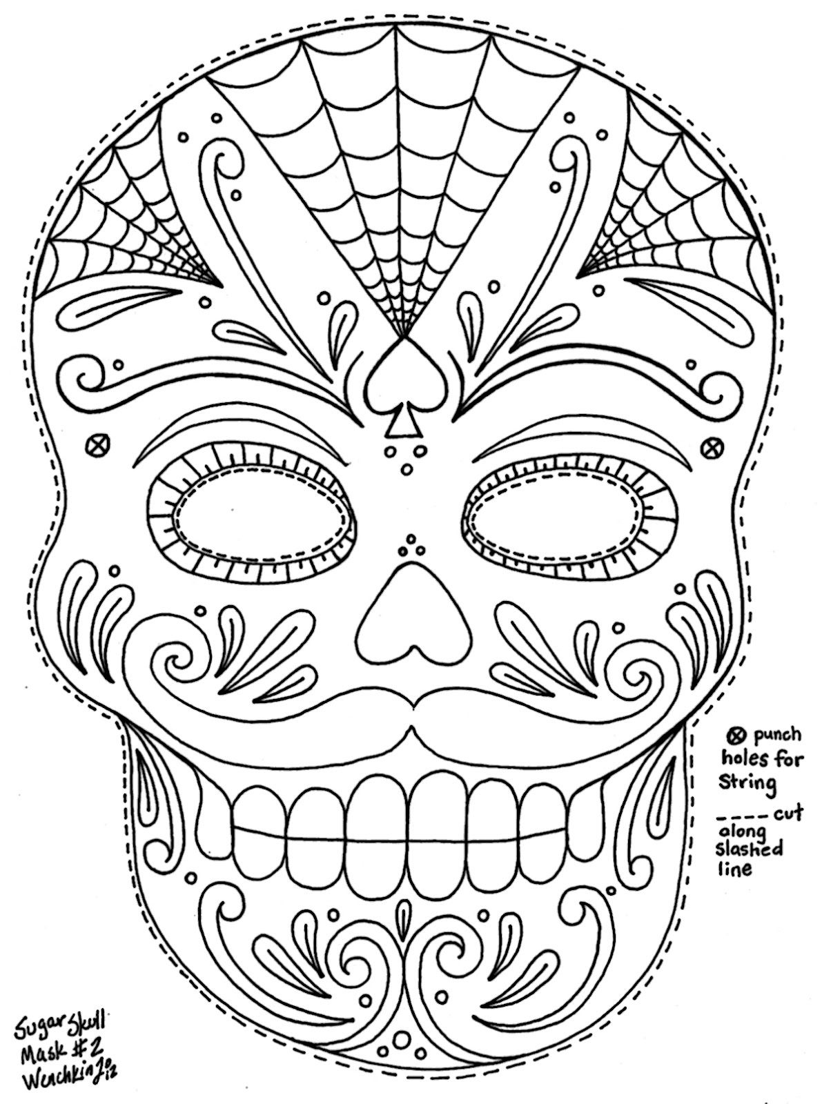 Wenchkin'S Coloring Pages - Moustached Sugar Skull Mask | Skull inside Free Printable Sugar Skull Day of the Dead Mask