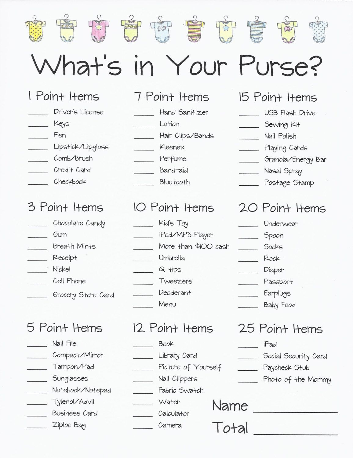 What&amp;#039;S In Your Purse Baby Shower Game Easy Baby Shower Games with Free Printable Baby Shower Games What&amp;#039;S In Your Purse