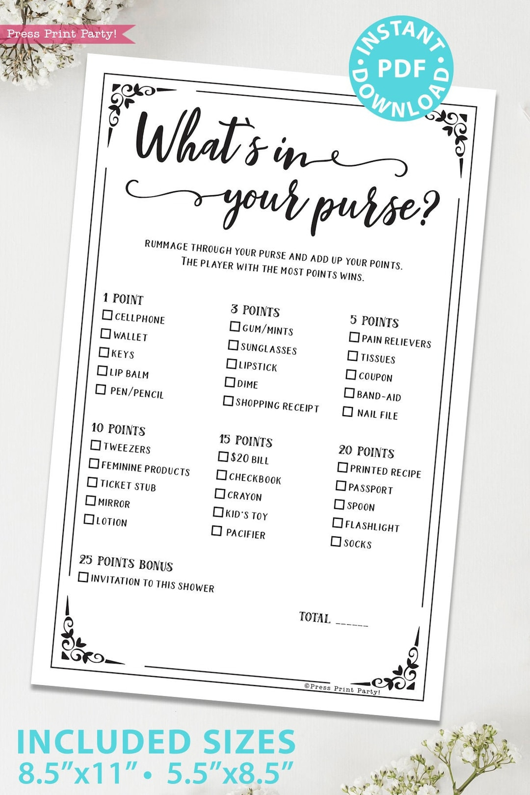 What&amp;#039;S In Your Purse Baby Shower Game Printable, Bridal Shower Game Template, Funny Shower Activities, Rustic, Instant Download - Etsy for Free Printable Baby Shower Games What&amp;amp;#039;S In Your Purse