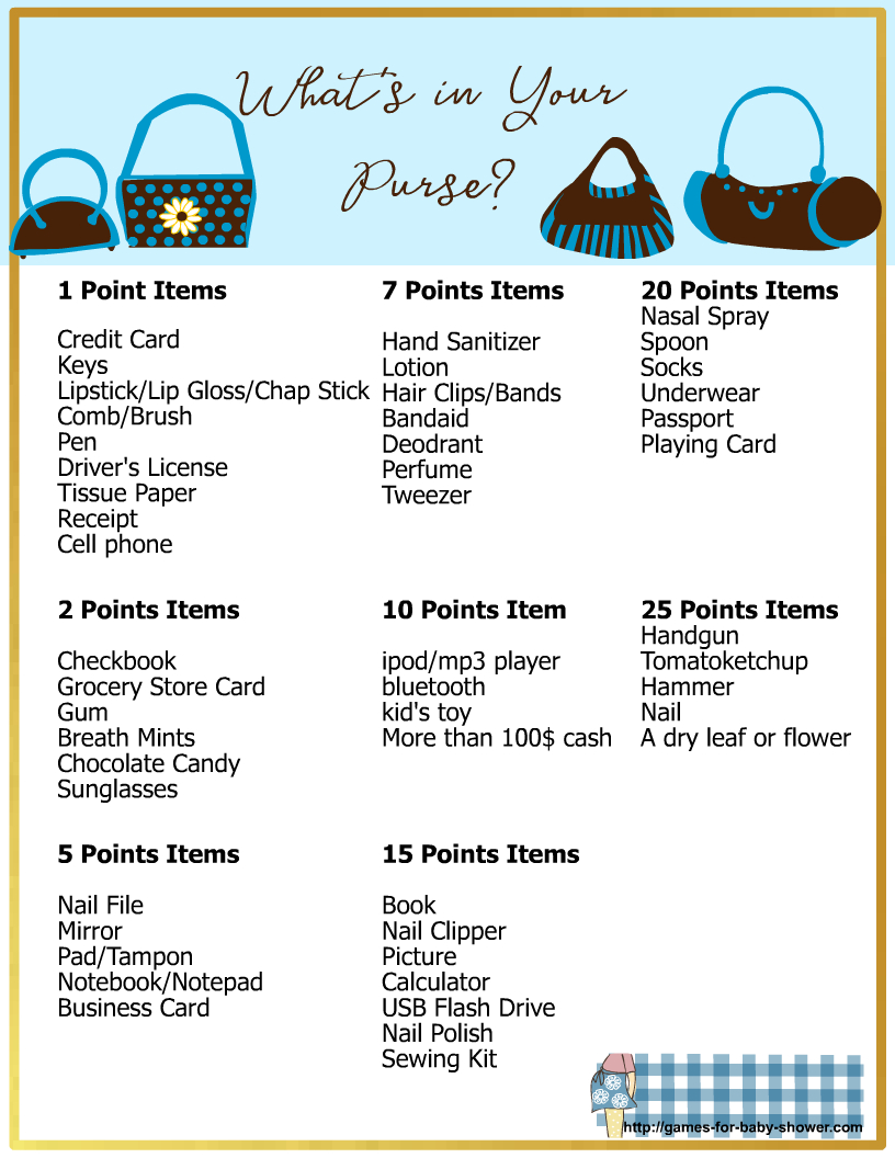 What&amp;#039;S In Your Purse, Free Printable Baby Shower Game for Free Printable Baby Shower Games What&amp;#039;S In Your Purse