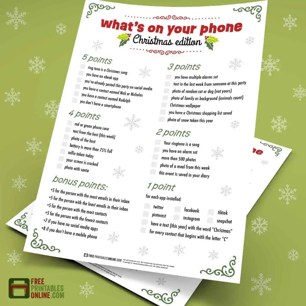 What&amp;#039;S On Your Phone Christmas Game Free Printable - Free within Free Online Printable Christmas Games For Adults