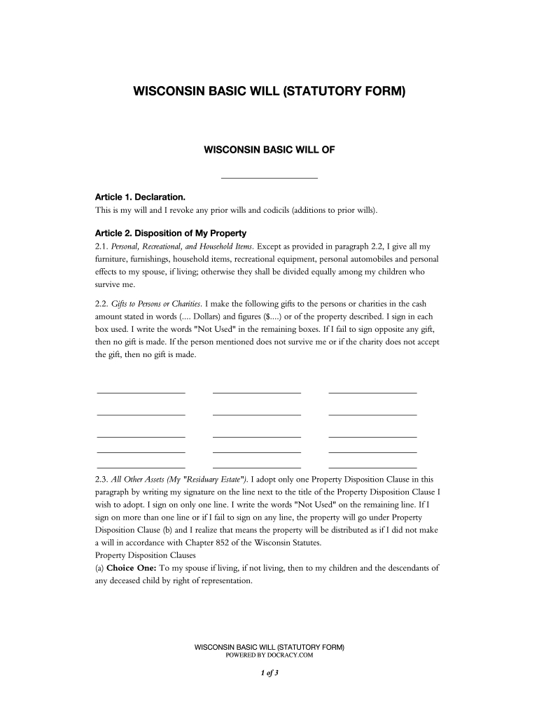 Wisconsin Basic Will Form Printable: Fill Out &amp;amp; Sign Online | Dochub with Free Printable Basic Will