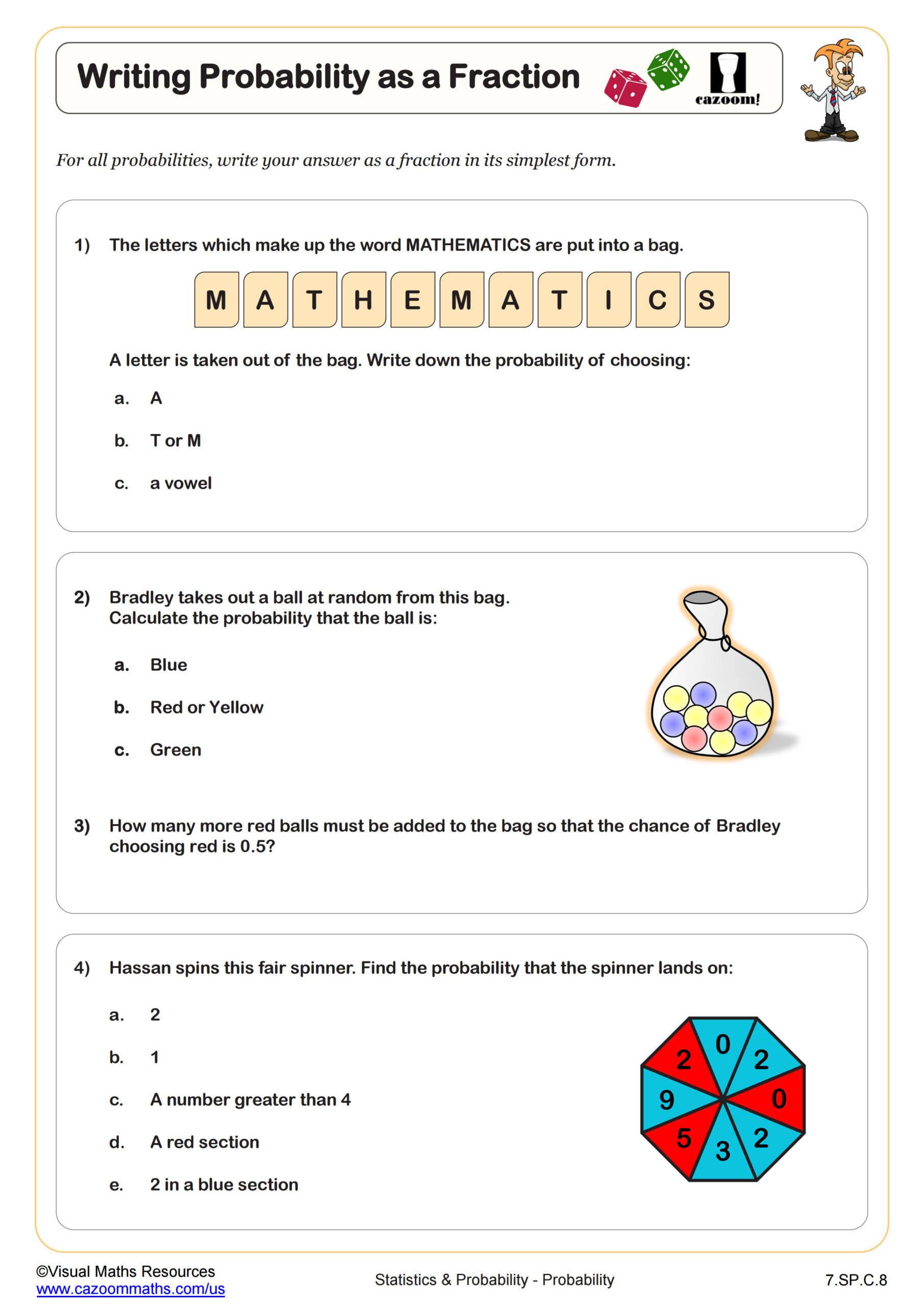 Writing Probability As A Fraction Worksheet | Pdf Printable regarding Free Printable Statistics Worksheets