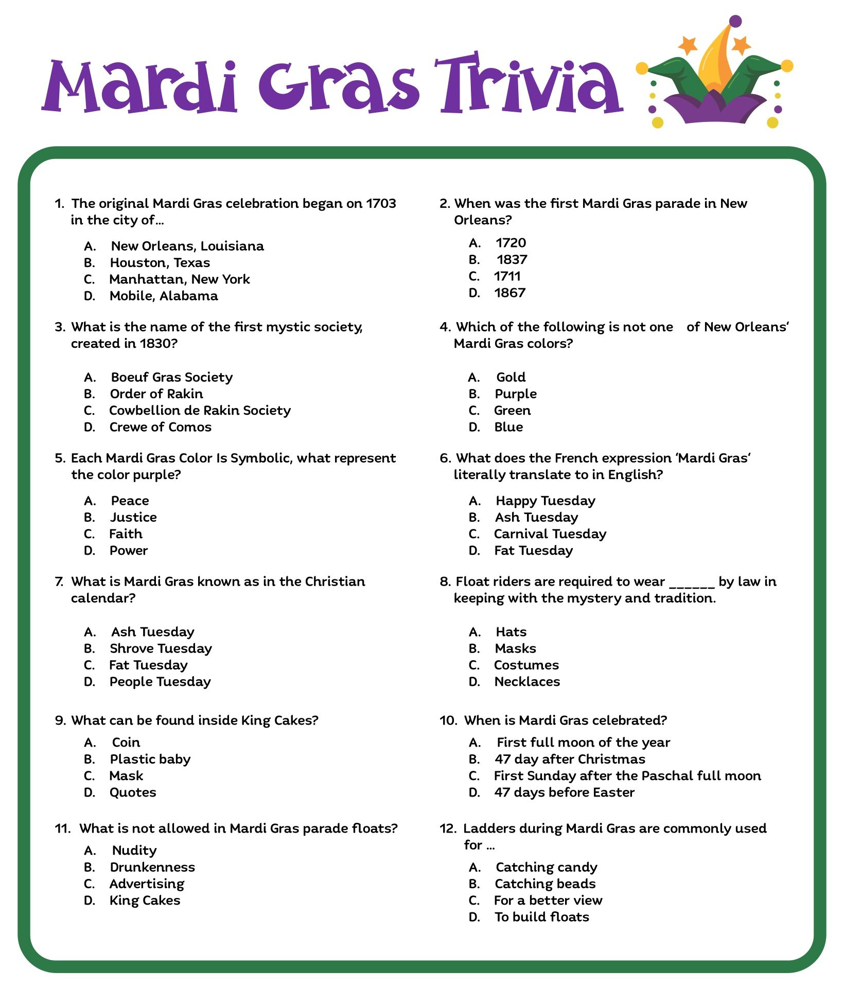 Youth Bible Trivia Questions Printable | Printablee | Christmas pertaining to Free Printable Mardi Gras Games